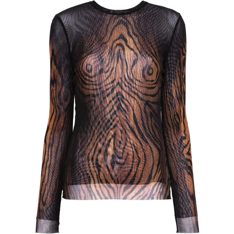 Jean Paul Gaultier T-Shirt Mesh Long Sleeves Top Printed "wood" Black/brown schwarz