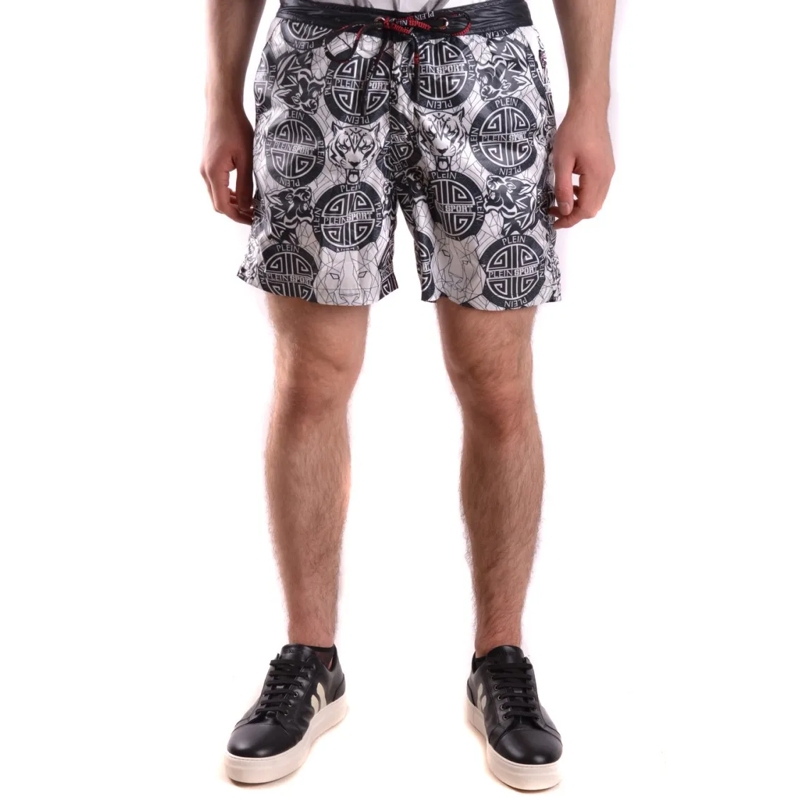 Plein Sport  Graphic Print Beach Shorts With Zippered Pocket Grey