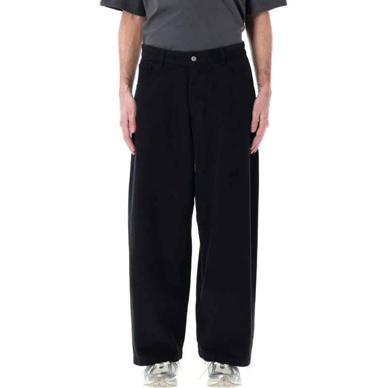 YMC Jeans Wide Leg Denim Jeans With Logo Button Black