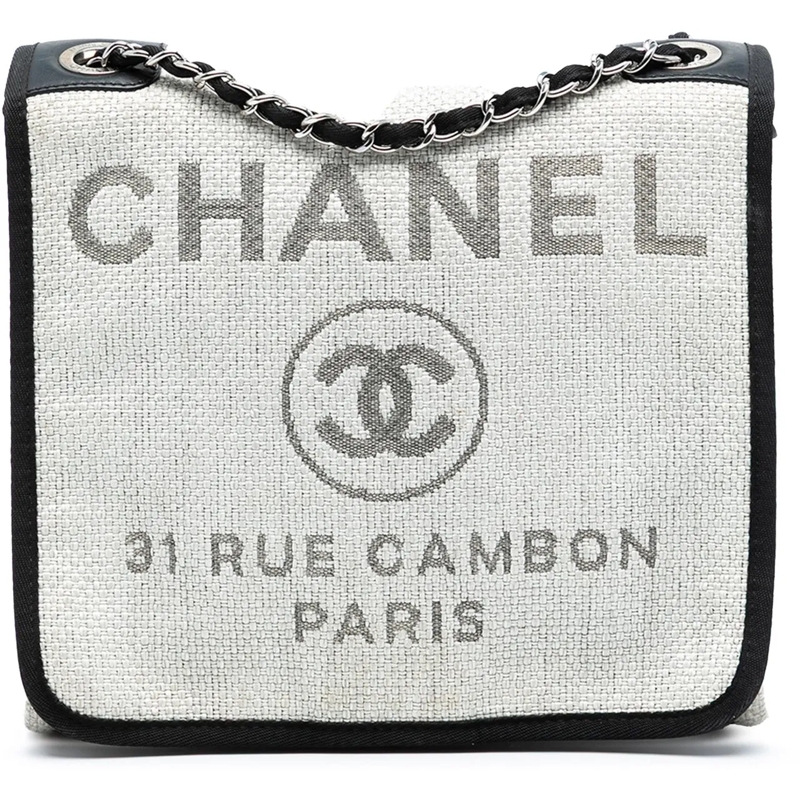 Chanel Schultertasche Small Raffia Deauville Messenger grau