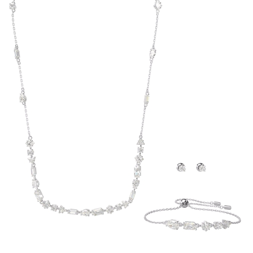 Swarovski Mesmera set, Mixed cuts, Scattered design, Rhodium White Short Necklace
