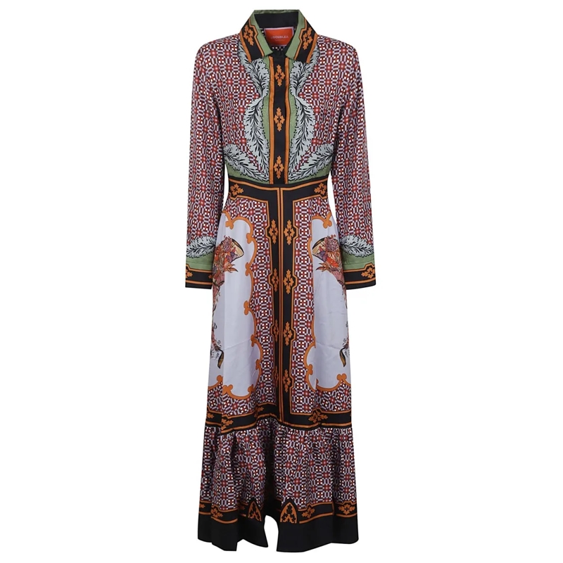 LaDoubleJ  Silk Midi Dress With Geometric Floral Patterns Multicolor