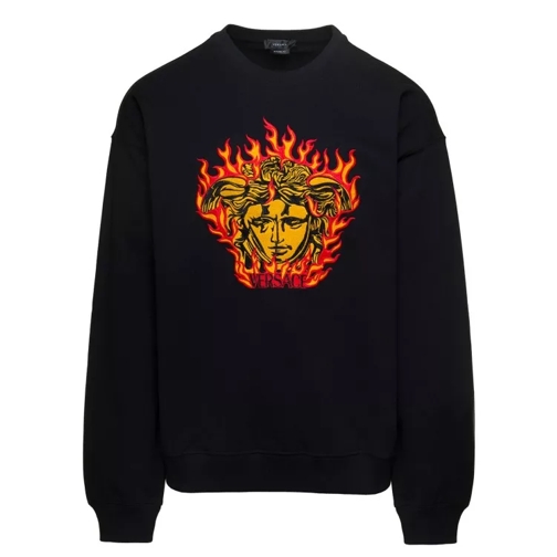 Versace Black Crewneck Sweatshirt With Medusa Print In Cot Black 