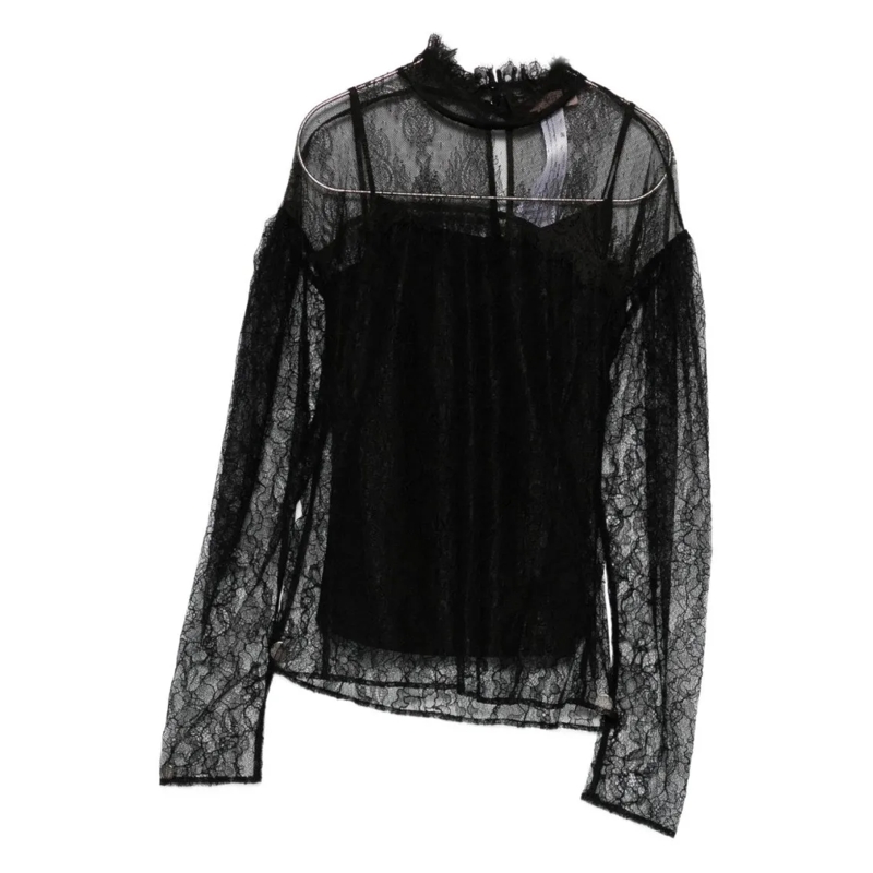 Twin-Set Chemisier Long-Sleeved Black Lace Overlay Top Black