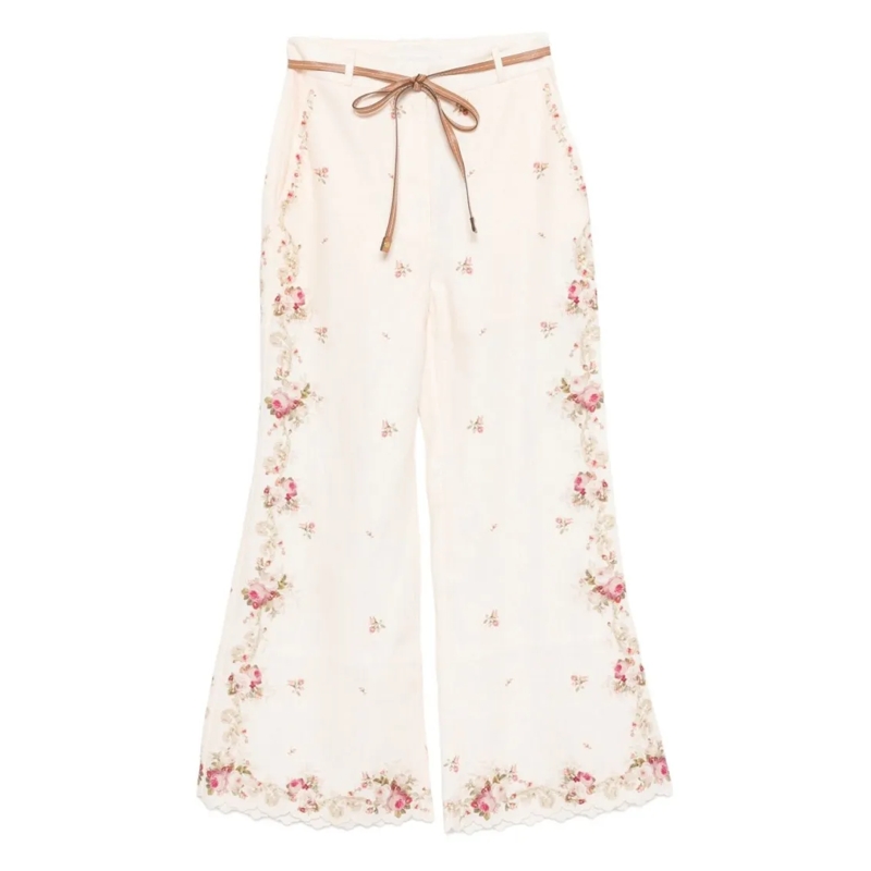Zimmermann  Relaxed Fit Wide-Leg Linen Trousers With Embroider Neutrals