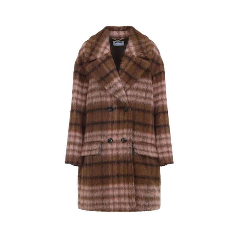Moschino Wintermantel Double-Breasted Plaid Coat With Warm Acrylic Blend Brown