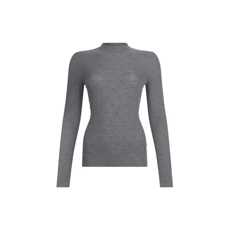 LIU JO Top met lange mouwen Medium Grey Melange Fitted Knit Top With Beaded De Grey