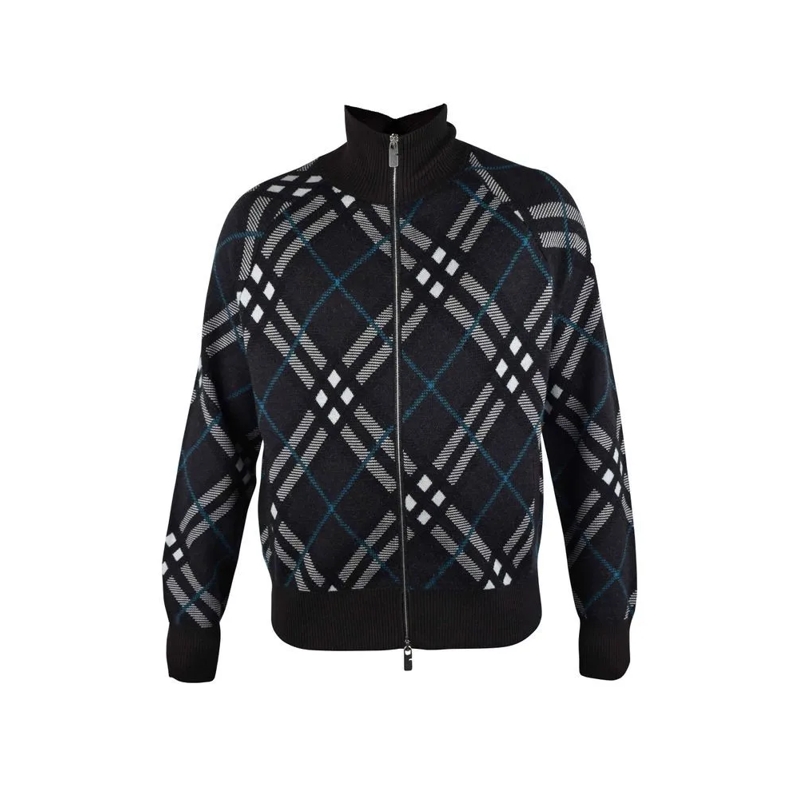 Burberry Strickjacke Check Pattern Wool Cardigan With High Collar Black