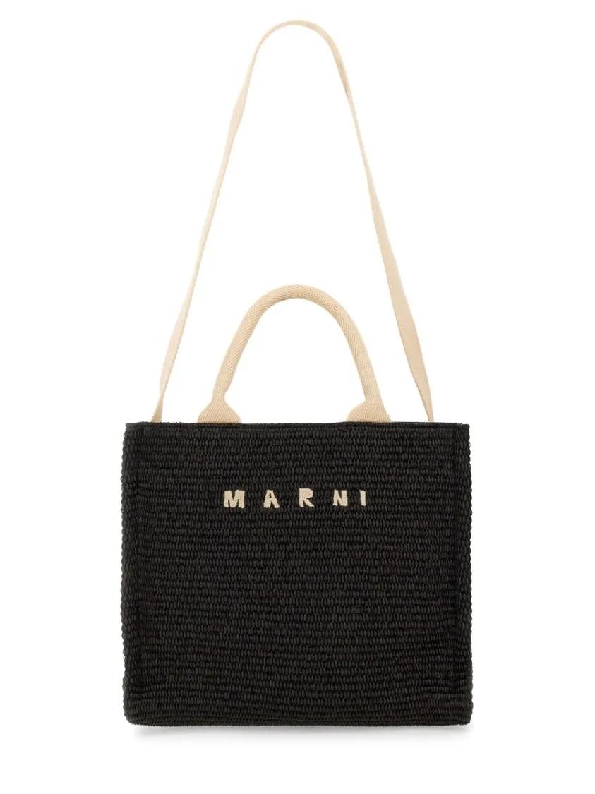 Marni Shoppers & Totes Raffia Effect Fabric Small Tote Bag in zwart