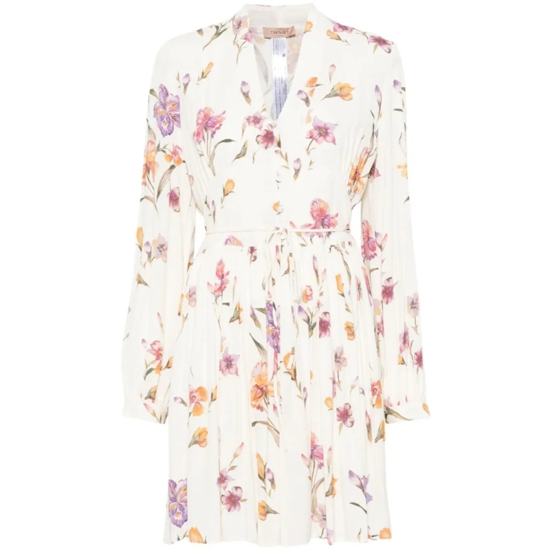 Twin-Set Mini-robe Floral Print Dress With V-Neckline Neutrals