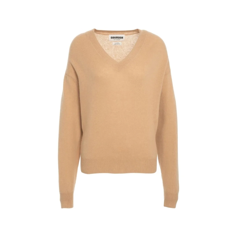 Crush Pullover Beige Cashmere Sweater With V-Neck And Ribbed Deta Brown