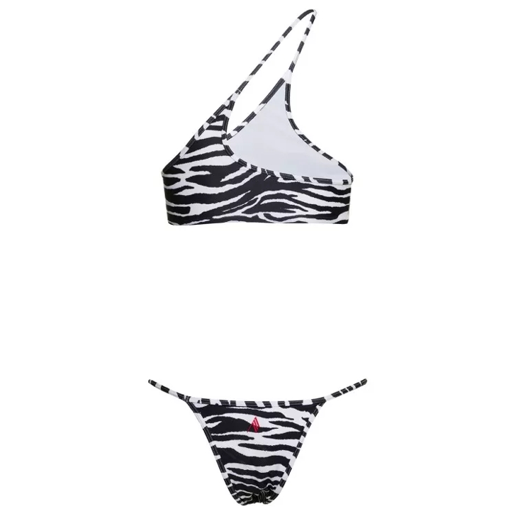 The Attico One Shoulder Bikini Set With All Over Zebra Print Black