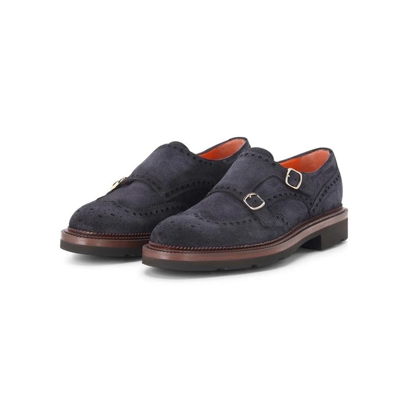 Santoni Derbys Doppel-Monkstraps aus Veloursleder Dunkelblau