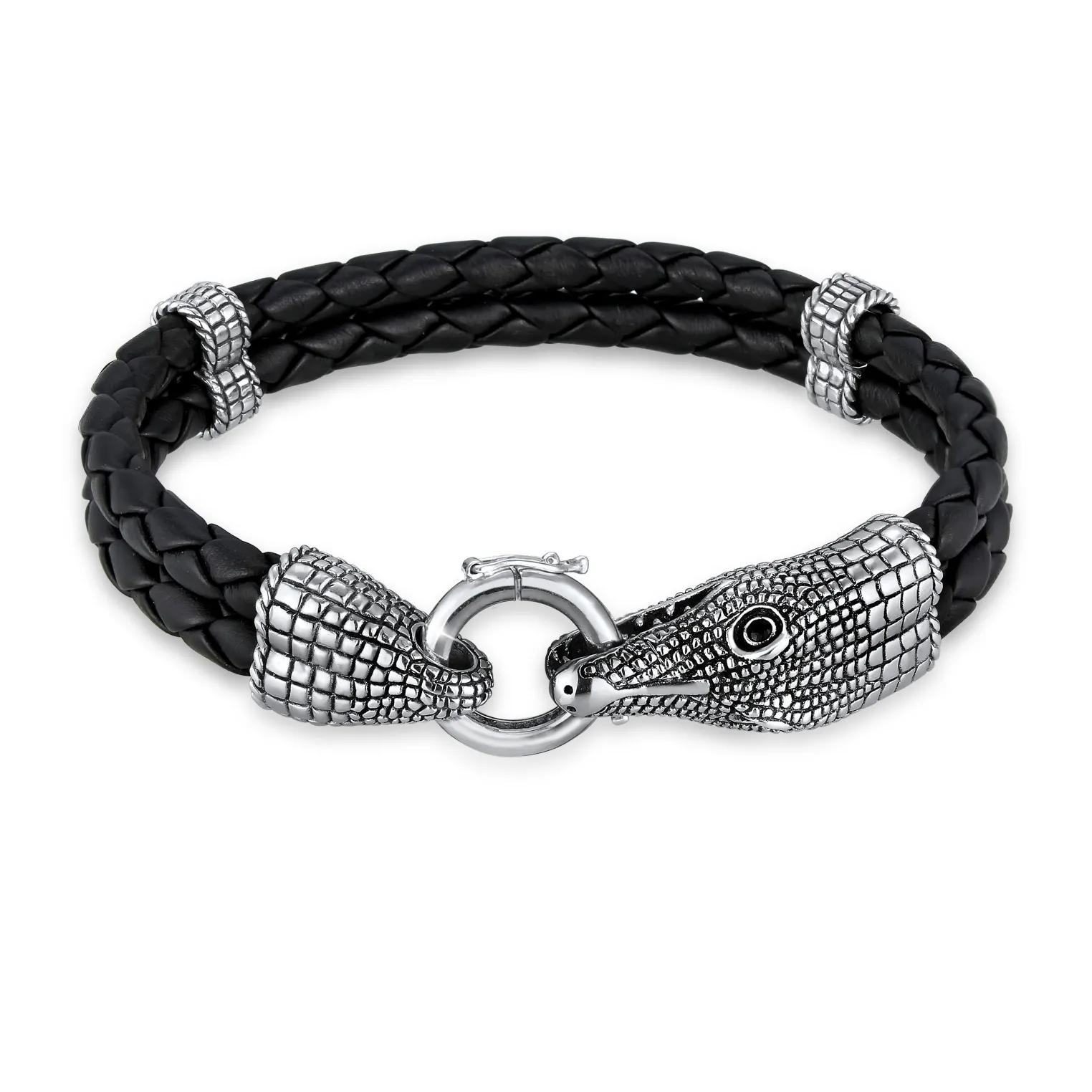 Kuzzoi Armbänder - Armband Herren Lederarmband Krokodil 925 Sterling - Gr. 21 CM - in Silber - für Damen