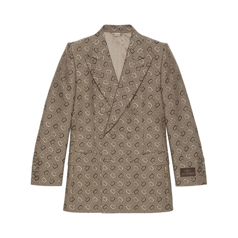 Gucci Blazer Double-Breasted Beige Jacket With Jacquard Motif Brown