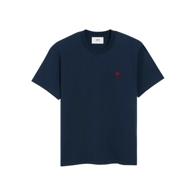 AMI Paris T-Shirt Navy Blue Organic Cotton T-Shirt With Embroidered  Black