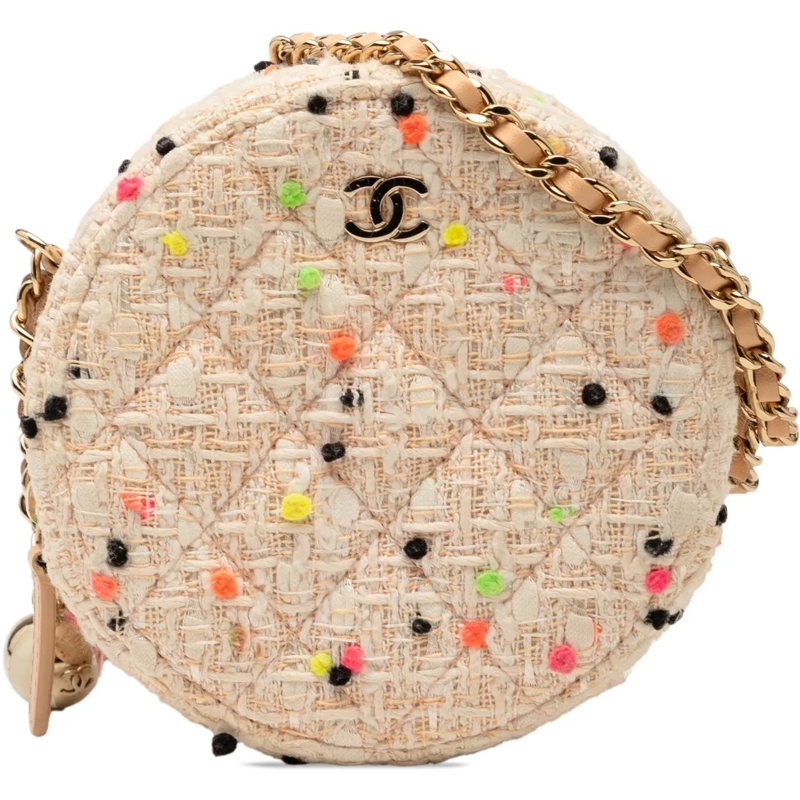 Chanel Schultertasche CC Quilted Tweed Round Crossbody braun