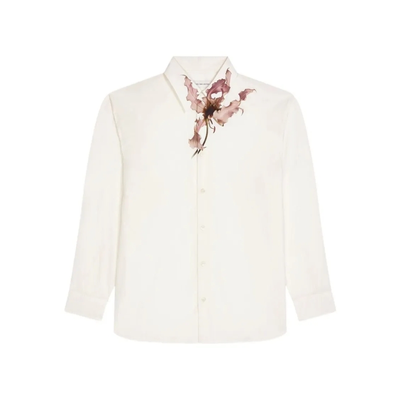 Dries Van Noten Hemd Long-Sleeved White Shirt With Floral Accents White