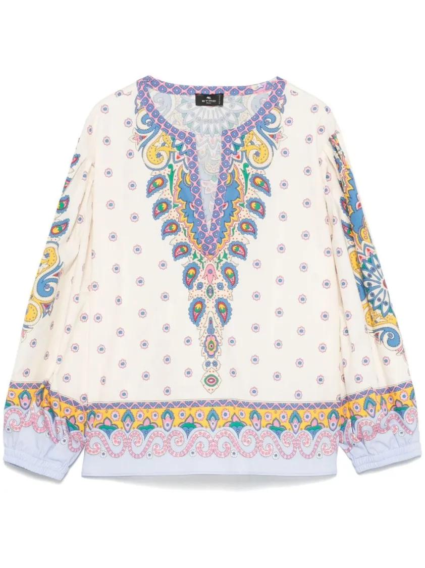 Thumbnail - Etro - V-Neck Top With Long Puff Sleeves - Größe 44 - beige