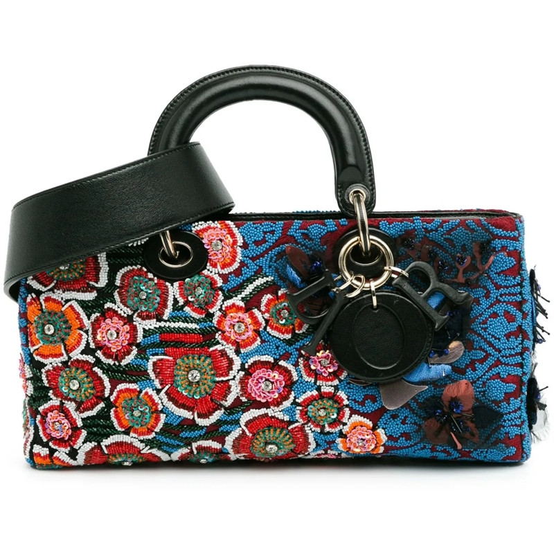 Christian Dior Schultertasche Medium Beaded Ribbon Embroidered Floral Lady D Joy blau