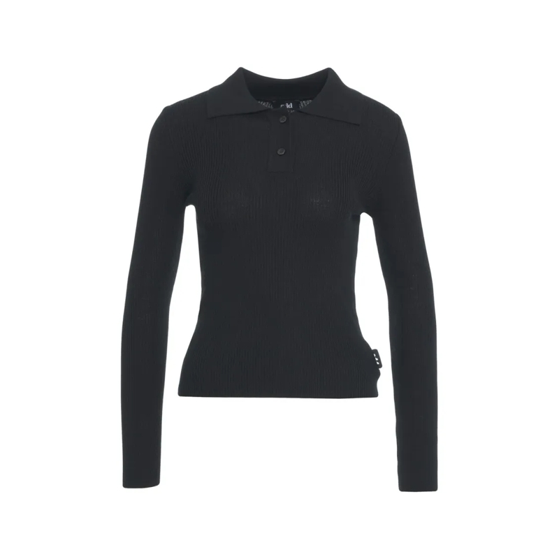 Add Top met lange mouwen Fitted Knit Polo Top With Classic Collar And Ribbe Black