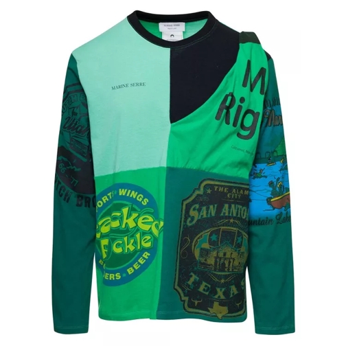 Marine Serre Green Long Sleeves T-Shirt With Regenerated Print  Blue 