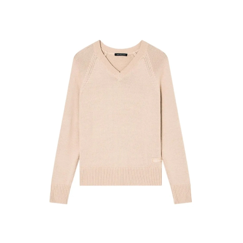 Armani Exchange Trui Knit Sweater With V-Neckline And Ribbed Details Neutrals
