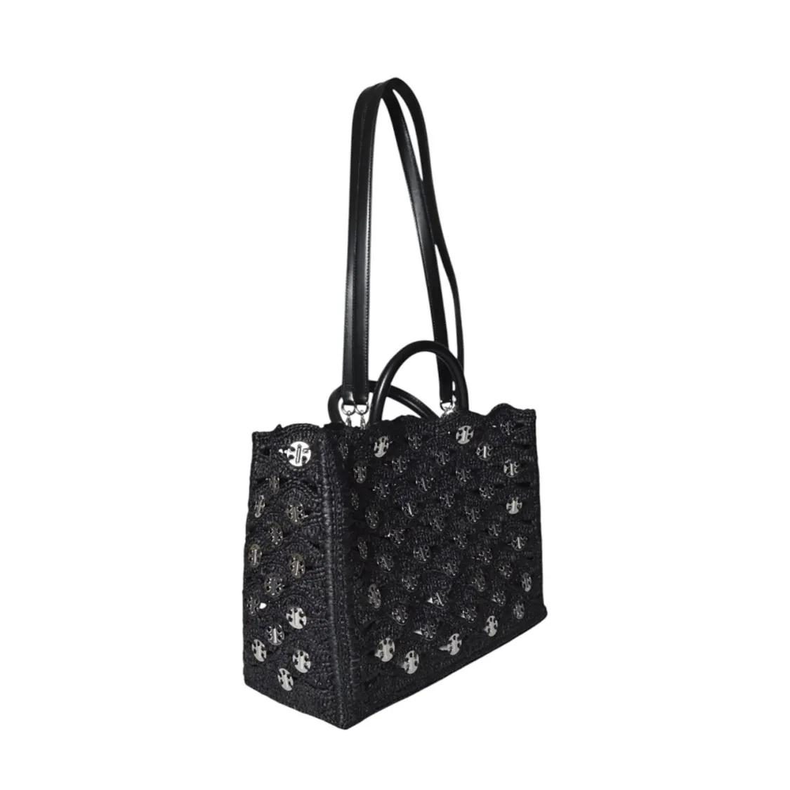 Paco Rabanne Shoppers & Totes Black Raffia Tote Bag With Logo Medallions in zwart