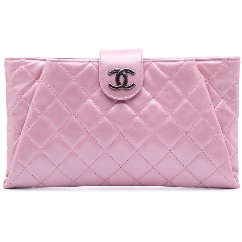 Chanel Pochette Quilted Glazed Calfskin Coco Pleats Clutch rose