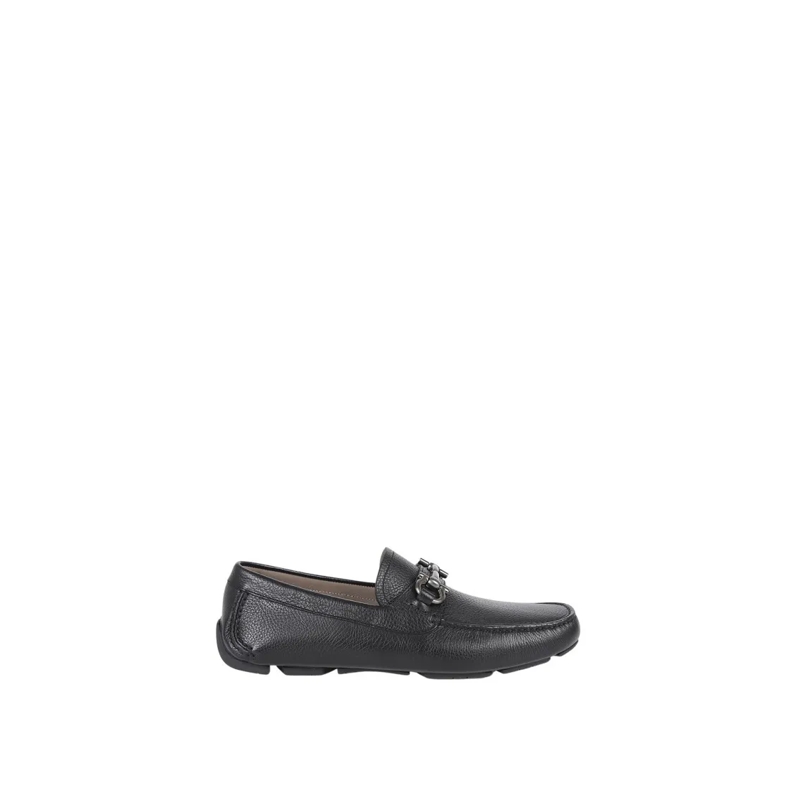 Salvatore Ferragamo Mocassin Textured Leather Ferragamo Loafers With Metallic B Black