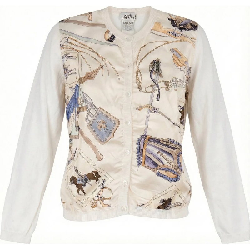 Hermès Weste Hermes Hussard Illustration Silk Cardigan (DE34 /  weiß