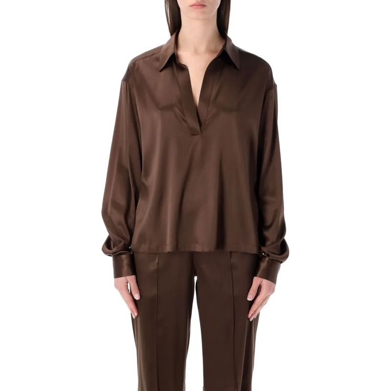 Tom Ford Top met lange mouwen Cinnamon Silk Satin Long-Sleeved Polo With Tonal L Brown