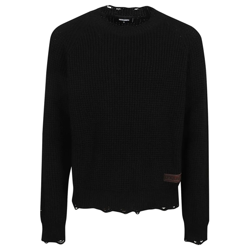 Dsquared2 Pullover Tricot Wool Sweater With Crew Neck And Leather Log Black