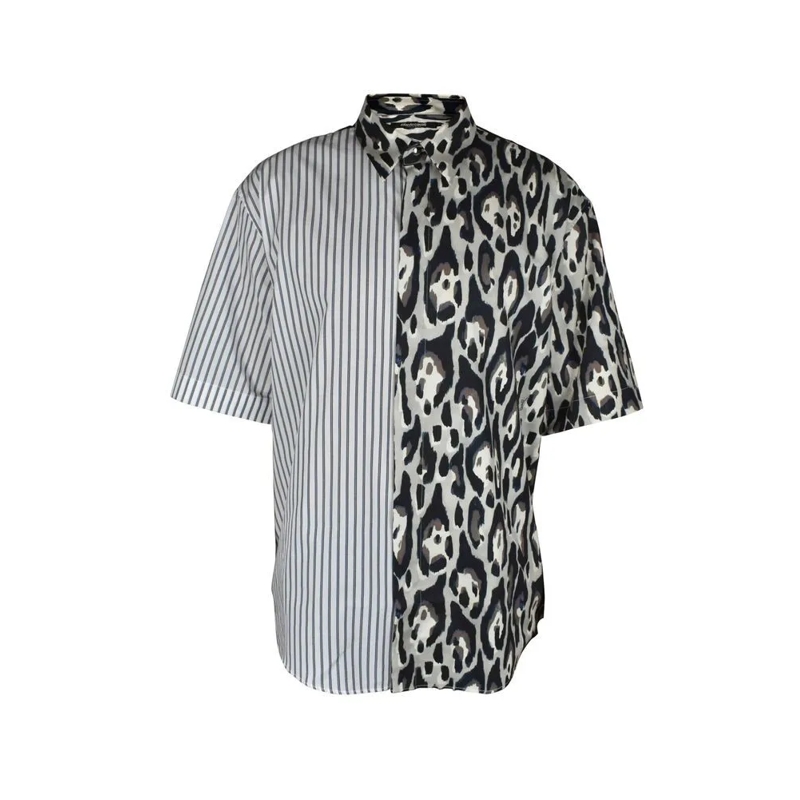 Roberto Cavalli Overhemd Jaguar Print Shirt With Contrasting Striped Yoke Grey