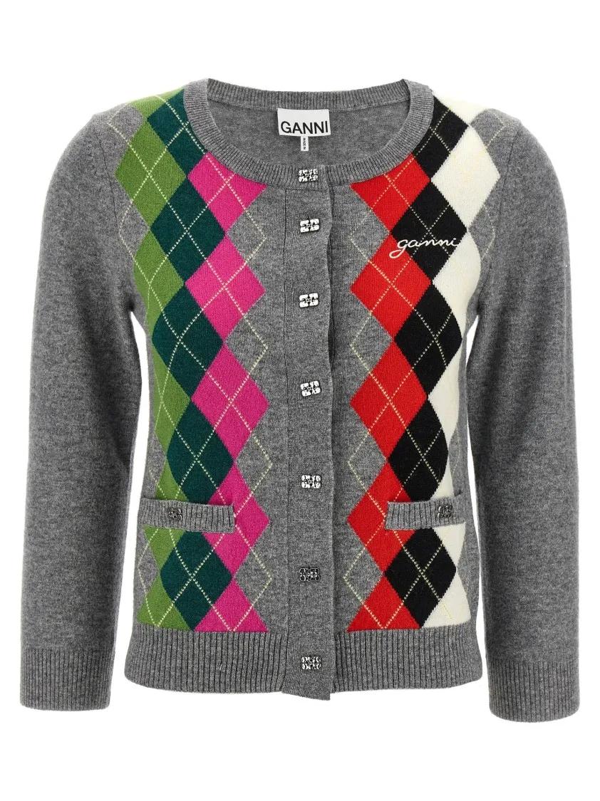 Thumbnail - GANNI - Grey Check' Cardigan - Größe S - grau