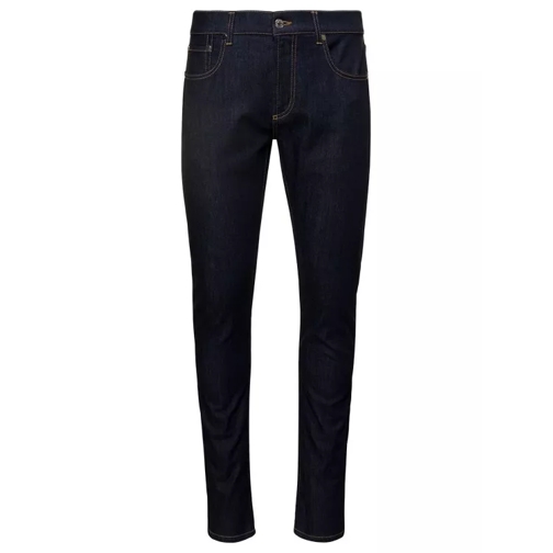 Alexander McQueen Blue Tight Pants With Metallic Logo Patch And Cont Blue Jeans