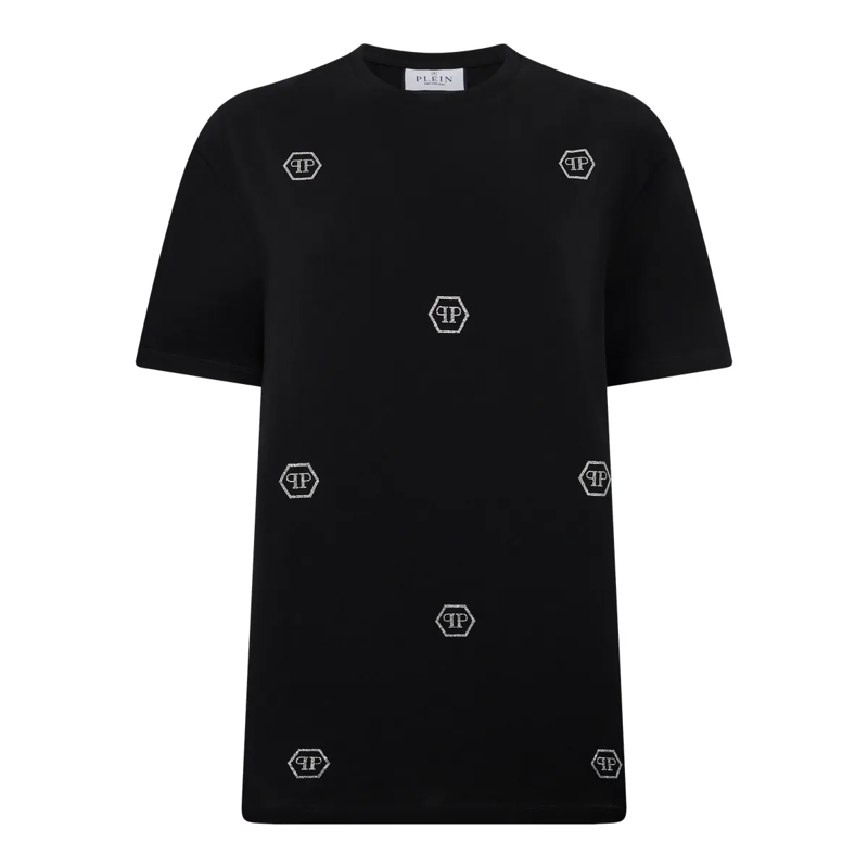 Philipp Plein T-Shirt Man Fit T-Shirt Mini Monogram Crystal Monogram schwarz