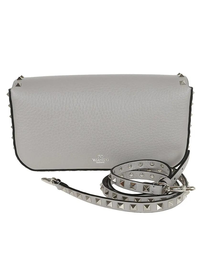 Valentino Shoppers Rockstud Shoulder Bag In Grained Calfskin in grijs
