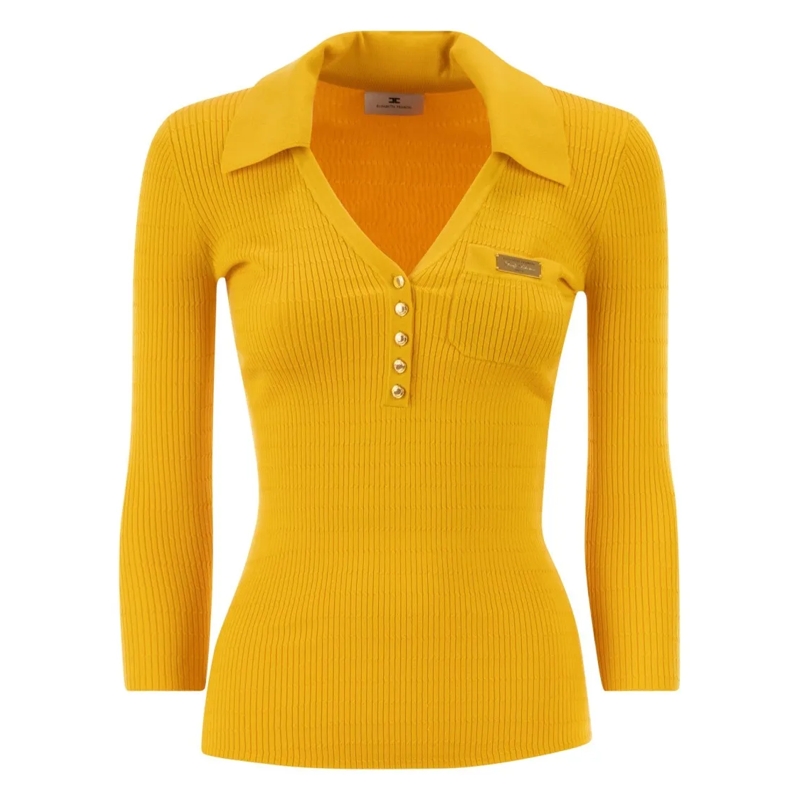 Elisabetta Franchi Overhemd Micro-Braided Long-Sleeved Polo Shirt With Gold Ac Gold