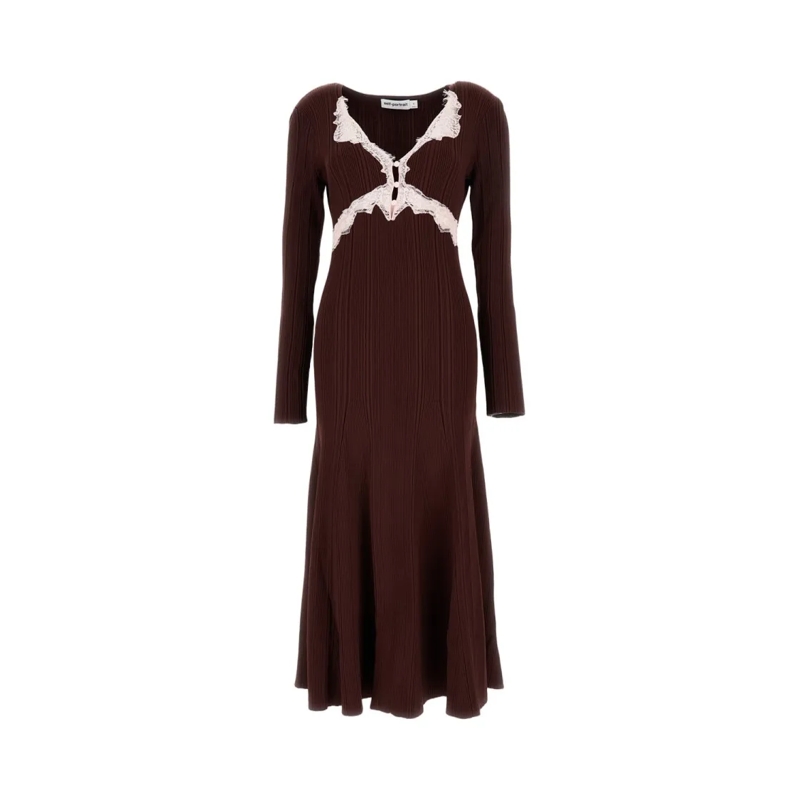 Self Portrait Midikleid Ribbed A-Line Lace-Detail Dress Brown