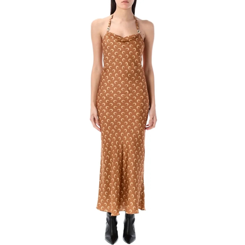 Marine Serre  Moon Satin Long Slip Dress Brown