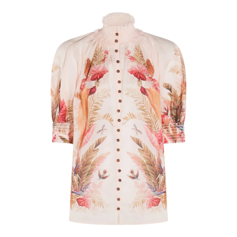 Zimmermann T-Shirt Ruffled High-Collar Cream Top With Floral Accents Neutrals