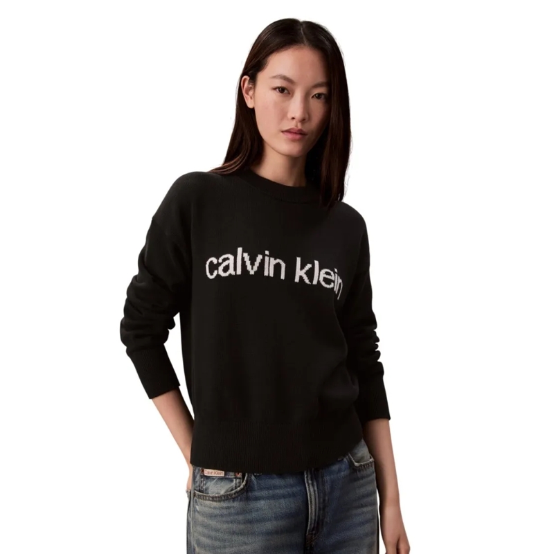 Calvin Klein Trui Embroidered Cotton Knit Sweater With Ribbed Detail Black