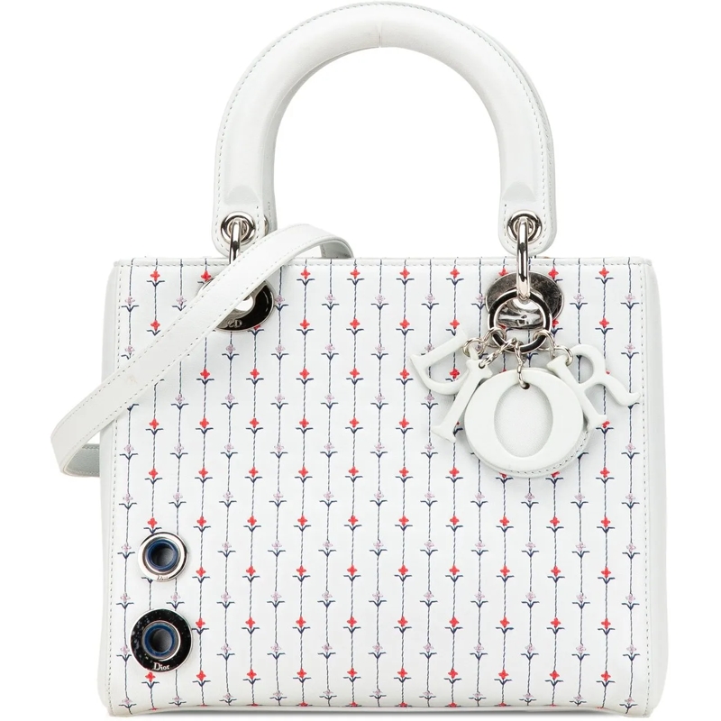 Christian Dior Schultertasche Medium Calfskin Embroidered Flower Lady Dior weiß