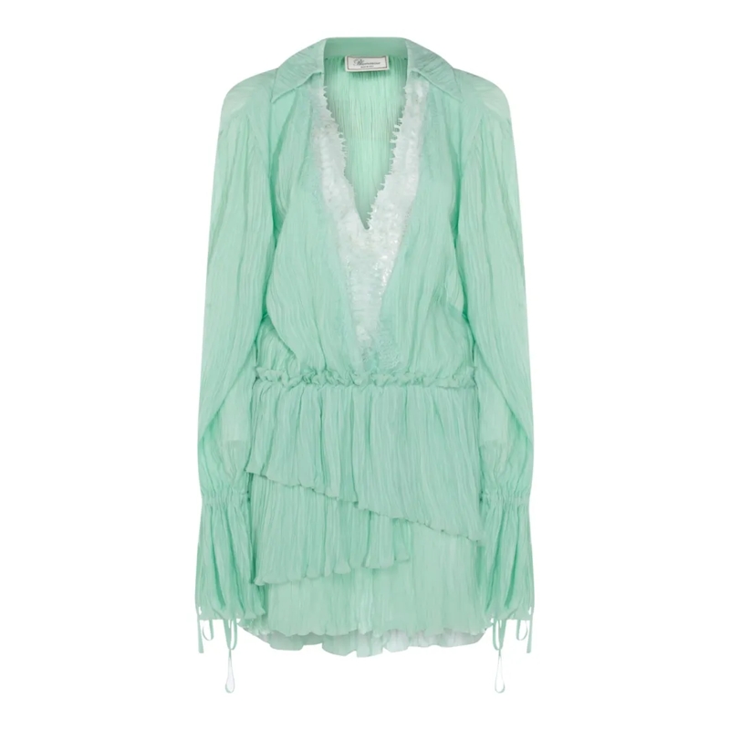 Blumarine Minikleid Pleated V-Neck Mini Dress With Lace Trim Green