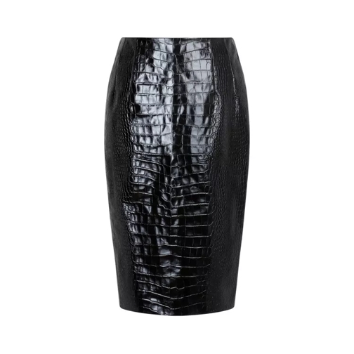 Versace Crocodile Print Black Embossed Leather Skirt Black 