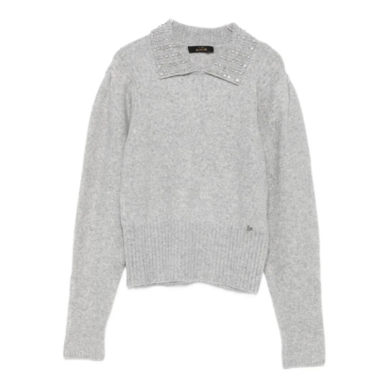Twin-Set Pull Light Grey Sweater With Crystal Embellished Collar Grey