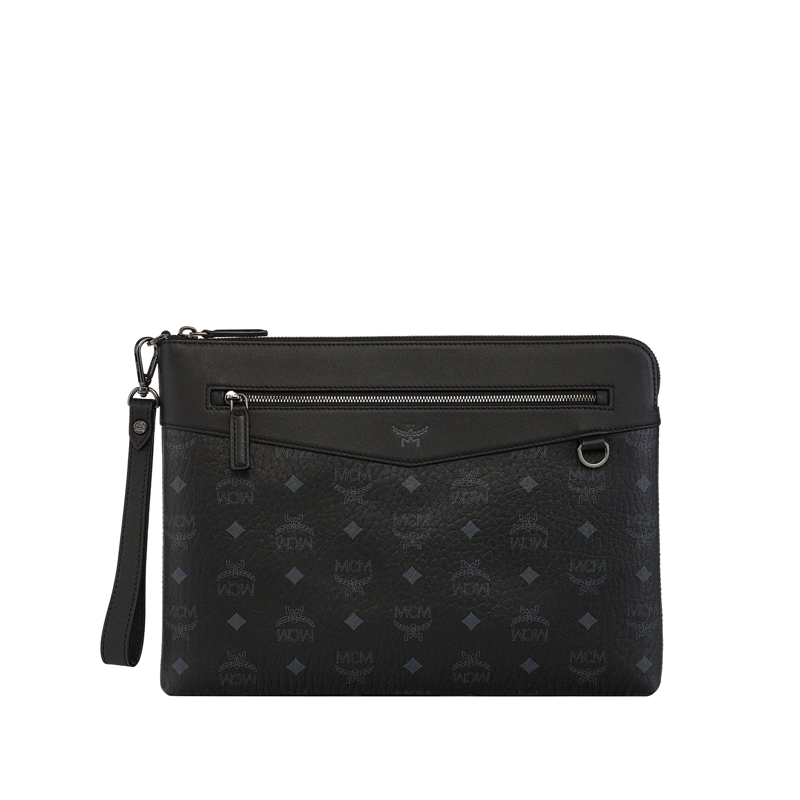 MCM Clutch Pouches Pouch Aren in Visetos mit Handgelenksband schwarz