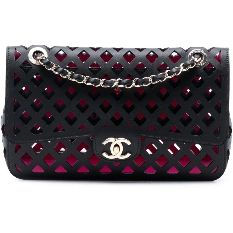 Chanel Sac à bandoulière Large Perforated Calfskin See Through Flap schwarz