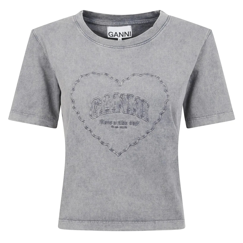 GANNI T-Shirt Slim-Fit Logo Embroidered T-Shirt Grey